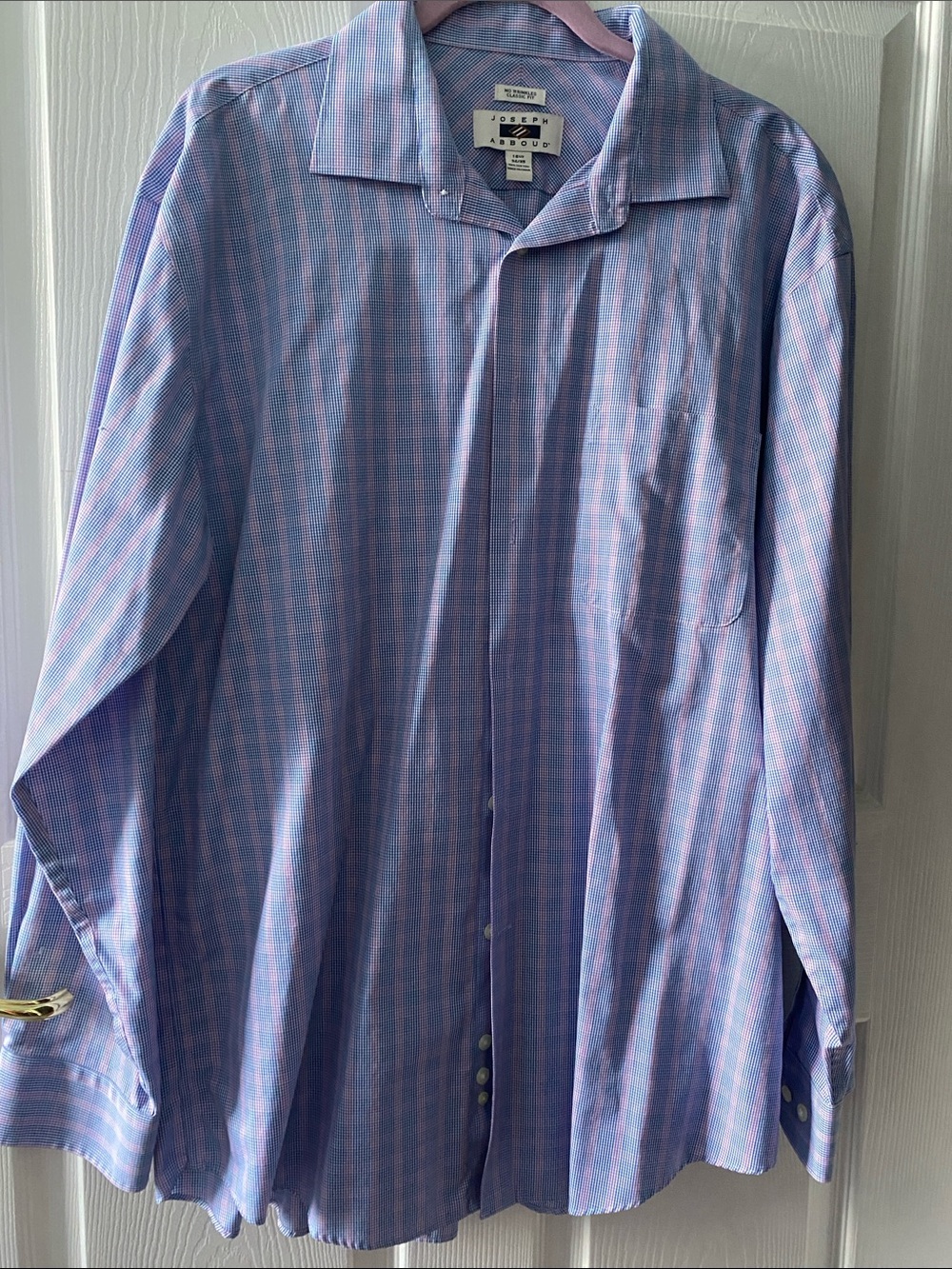Men’s Blue and Pink Check Button-Up Shirt 16 1/2 34/35 100% Cotton No Wrinkles